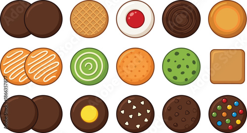 Assorted cartoon cookies collection, sweet biscuit set, chocolate wafer cream cookies, colorful dessert snacks, flat vector illustration