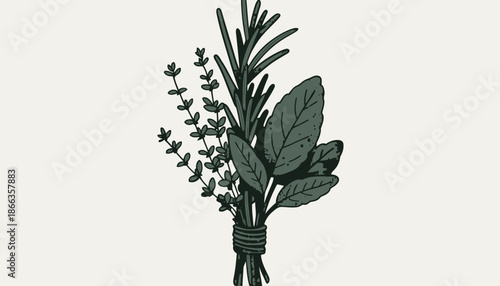 Tied bundle of fresh rosemary and thyme herbs on rustic background