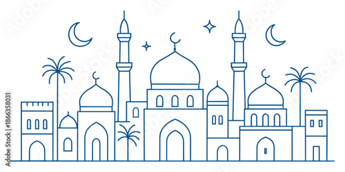Line art mosque skyline with crescent moon and palm trees vector illustration icon
