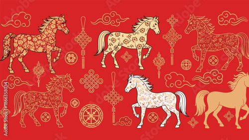 Festive illustration of decorative horses with traditional motifs, symbolizing prosperity and good fortune for Lunar Chinese New Year celebrations