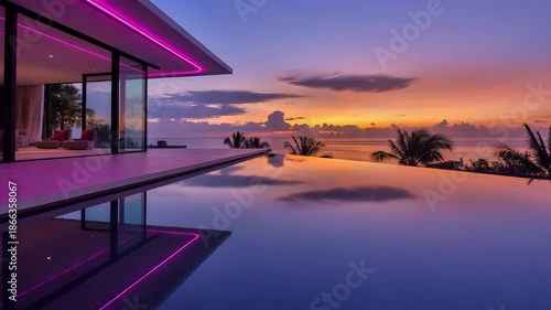 Luxury modern home with infinity pool overlooking ocean at sunset