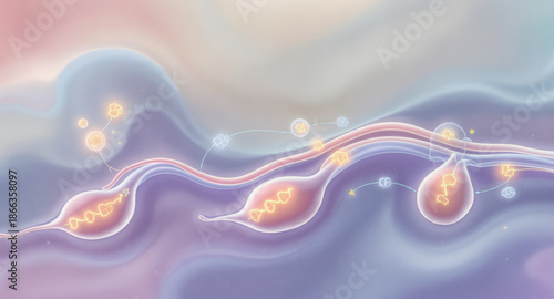 Abstract pastel illustration features glowing DNA strands, molecular structures, and fluid shapes, evoking sense of scientific discovery and futuristic biotechnology in dreamy, soft color palette