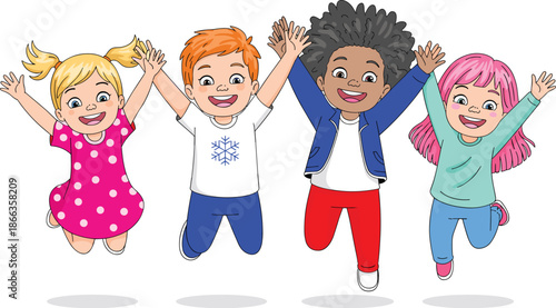 Happy diverse cartoon kids jumping together cheerfully illustration vector graphic smiling children with various hair colors in playful energetic mood for school educational materials celebrating frie