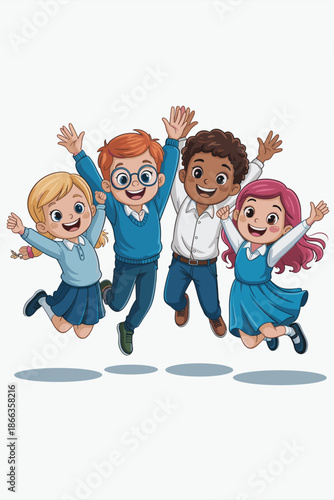 Diverse group of cartoon children jumping happily together in the air illustration for elementary school education projects and childhood development materials promoting friendship and unity in vibran