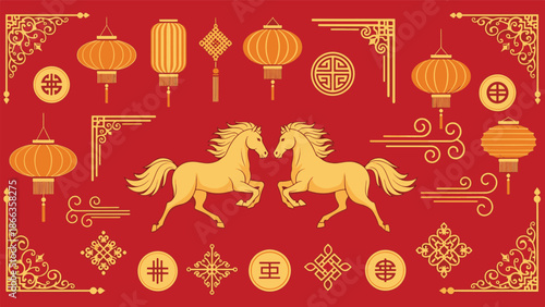 A beautiful traditional decorative ensemble for Lunar Chinese New Year featuring lanterns, golden horses, and ornate Asian motifs
