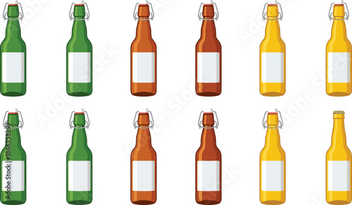 Cartoon glass bottle collection, green brown yellow beer bottles, blank label packaging set, beverage containers, flat vector illustration