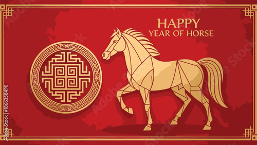 Vibrant golden horse illustration celebrating the auspicious Lunar Chinese New Year, symbolizing prosperity and good fortune