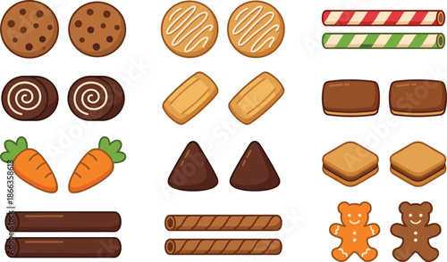 Cookies and sweets illustration set, assorted biscuits chocolates candy sticks, bakery snack collection, cute dessert icons, colorful cartoon vector