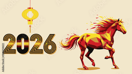 Vibrant illustration celebrating the Lunar Chinese New Year 2026 with a dynamic running horse and traditional lantern artwork