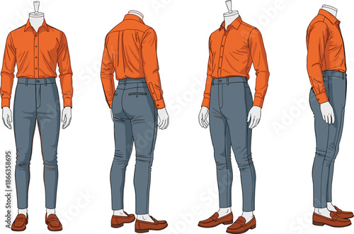 Formal outfit mannequin views, orange shirt gray trousers, fashion design angles, clothing catalog pose, cad drawing flat vector illustration