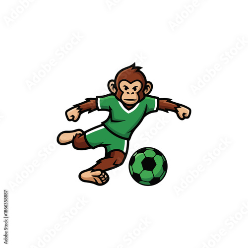 Cartoon Monkey Playing Soccer with Green Ball.
