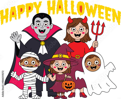 Happy Halloween cartoon characters in costume celebrating spooky holiday fun vector graphic illustration of diverse kids trick or treating vampire devil ghost mummy witch for festive seasonal greeting