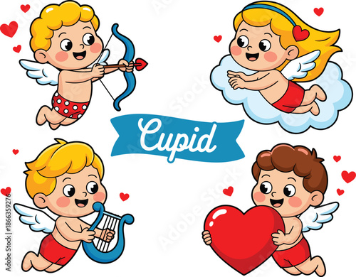 Cute cartoon cupids flying with bows arrows lyre and heart symbols adorable angelic characters illustration for valentines day holiday celebration love and romance themed graphic design elements sweet