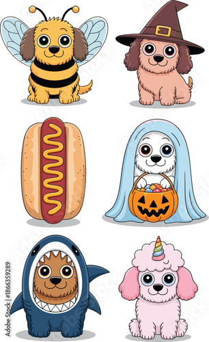 Adorable Cartoon Dogs Dressed Up in Halloween Costumes Collection Illustration of Cute Puppy Characters in Bee Witch Ghost Shark and Unicorn Outfits for Kids Party Invitations Festive Decoration and H