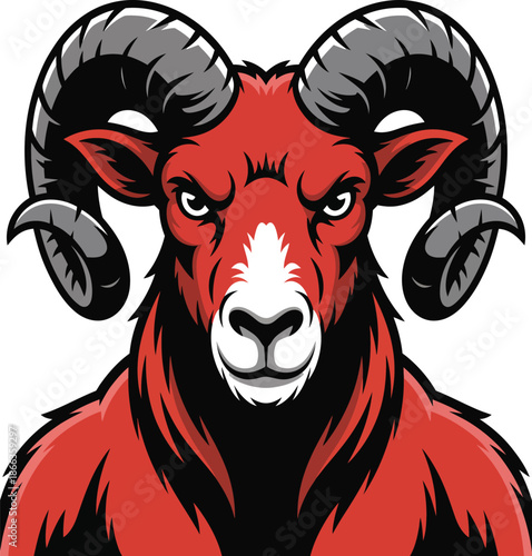Vibrant red ram with curved horns and intense gaze