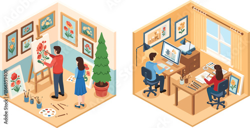 Traditional and digital art studio, floral painting workspace, creative artists working, modern vs classic tools, cad drawing flat vector illustration