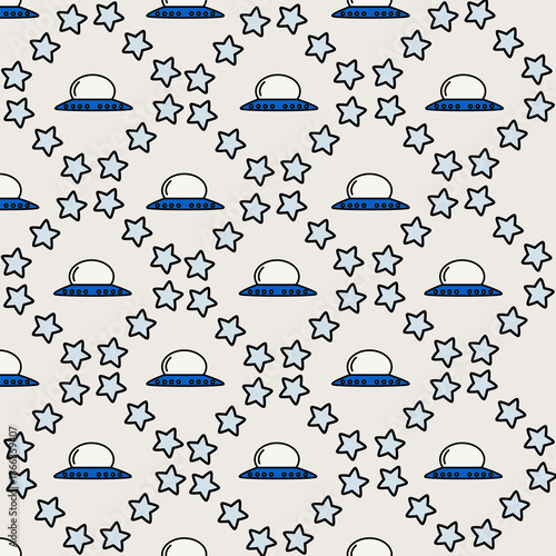 Cartoon space spaceship flying on space. Rocket ship and star travel seamless pattern around space and science them. Children`s bedroom, nursery, wallpaper, gift wrap, stationery, wrapping.