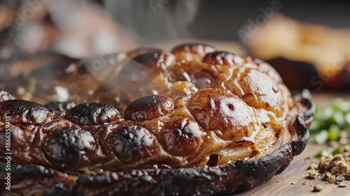 A closeup shot of a beautifully roasted and steaming whole vegetable possibly a charred cabbage or large onion fresh from the grill or oven showcasing its rustic texture and appetizing goldenbrown bu.