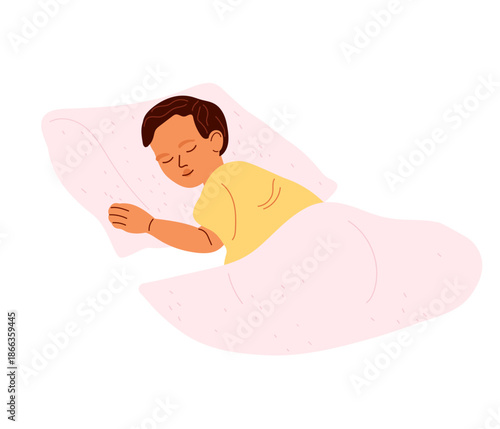 Sleeping baby. Little boy in yellow pajamas sleeping sweetly on pink bed linen. Soft pillow, cozy crib for babies. Flat vector illustration with Sweet healthy baby sleeps at home. 