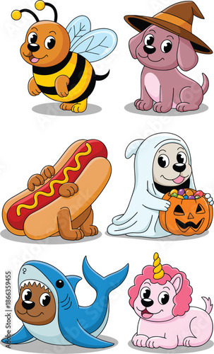 Cute Cartoon Dogs in Halloween Costumes: Bee, Witch, Hotdog, Ghost, Shark, Unicorn. Funny Puppies Dressed Up for Trick or Treat. Adorable Pets Celebrating Halloween. Party, Festive, Animal Illustratio