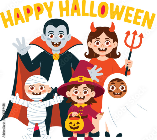 Happy Halloween cartoon characters including vampire mummy witch devil and ghost smiling together in spooky holiday celebration festive illustration seasonal event for greeting cards party invitations