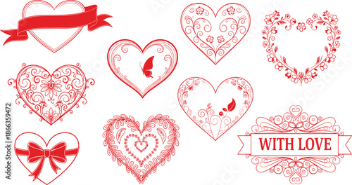 Decorative Red Floral Heart Frames Collection Featuring Romantic Ornamental Designs, Ribbons and With Love Typography for Valentine Creative Projects