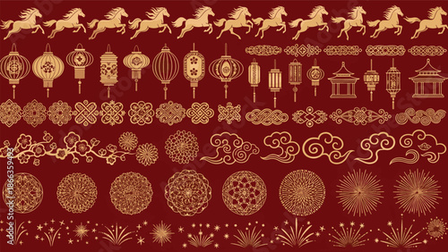 Rich traditional golden motifs and decorative elements for a joyous and prosperous Lunar Chinese New Year celebration