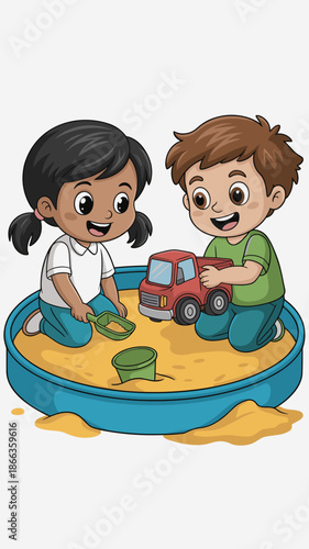 Happy cartoon kids playing in sandbox with toys together cheerful smiling children having fun with sand bucket and toy truck childhood friendship playtime activity for kindergarten learning education