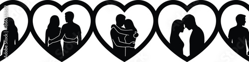 Couple relationship stages silhouette inside heart shapes, love story progression concept, man and woman romance, black vector illustration