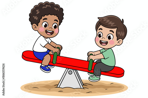 Cartoon diverse kids playing on seesaw together outdoor playground fun activity happy childhood friends boys vector illustration for children's books educational materials school projects health and w