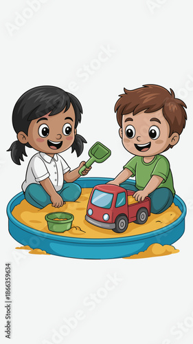 Happy cartoon kids playing in sandbox with toy truck and shovel cheerful children enjoying outdoor playtime together cute young friends having fun in playground illustration for childhood development