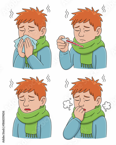 Sick cartoon boy with cold flu symptoms blowing nose checking temperature coughing sore throat wearing scarf upset ill child character illustration for healthcare medical educational materials childre