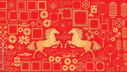 Auspicious Lunar Chinese New Year illustration with spirited horses, lanterns, and golden symbols