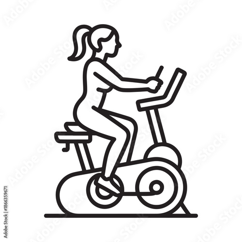 A simple line drawing depicts a woman exercising on a stationary bicycle