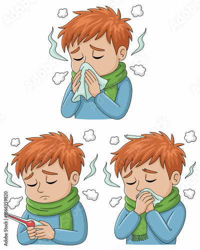 Cartoon ill boy with cold blowing nose using tissue feeling sick suffering from flu symptoms and high fever holding thermometer vector illustration for healthcare medical children's education presenta