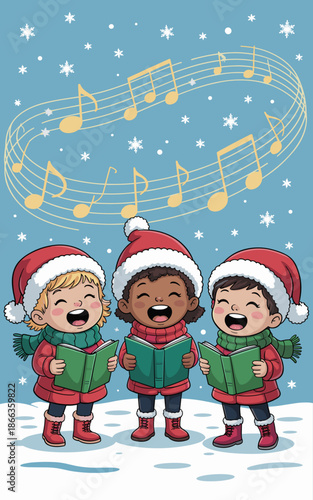 Festive children singing Christmas carols illustration of diverse kids choir with Santa hats books and musical notes winter holiday season celebration concept for greeting cards seasonal events and fa
