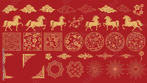 Auspicious Golden Illustrations Traditional Horses, Clouds, and Ornate Patterns for Lunar Chinese New Year Festivities and Cultural Designs