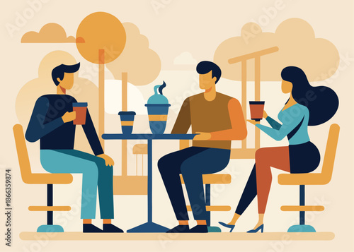 Illustration of people sitting at a table drinking coffee outdoors in a casual setting with a warm color palette