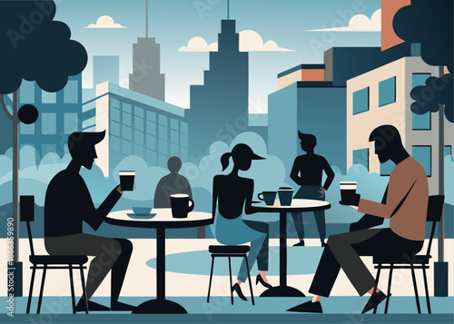 People sitting at tables in an urban outdoor cafe setting with cityscape background