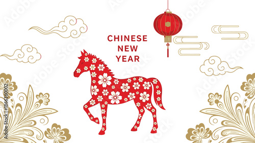 Embrace the vibrant spirit of the Lunar Chinese New Year with a decorative red horse and festive oriental lanterns, symbolizing prosperity and good fortune