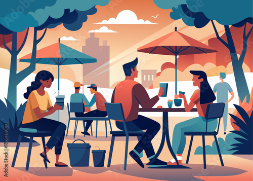 People sitting at a table outside at a cafe during sunset with umbrellas and trees