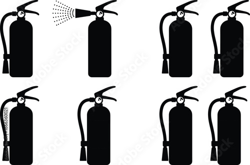 Fire extinguisher silhouettes set, emergency safety equipment icons, firefighting protection symbols, black emergency tools, minimal flat vector illustration, isolated white background