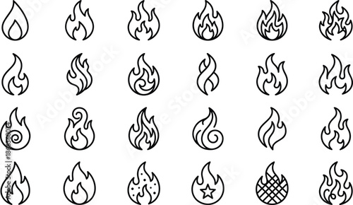 Fire flame line icon set, abstract burning symbols, heat energy icons, danger warning concept, outline vector illustration collection