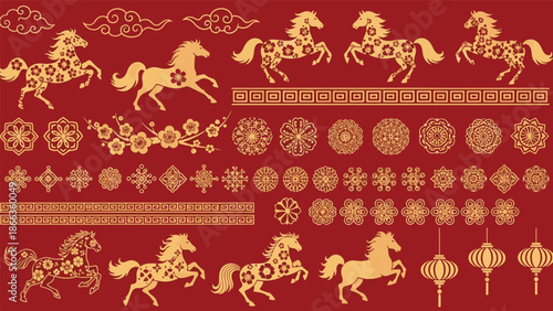 Vibrant Golden Horse and Traditional Auspicious Ornaments Collection for Lunar Chinese New Year Celebrations