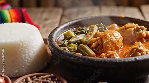 A hearty and traditional Latin American stew possibly Aji de Gallina or a similar regional delicacy featuring tender chicken pieces vibrant green vegetables like okra and green beans all simmering in.