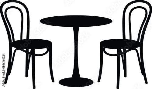 Black silhouette of vintage café chairs and round table, minimalist furniture design, elegant seating arrangement, classic bistro style, interior decor