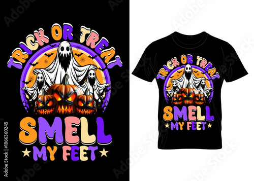 Spooky halloween t shirt design with skeleton and pumpkins