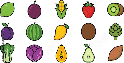 Fruits and vegetables illustration set, fresh produce icons collection, healthy food variety, colorful organic fruits veggies, cartoon vector elements