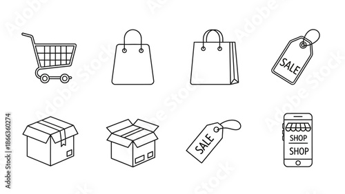 Line art icons for shopping, e-commerce, retail, and online store concepts, featuring cart, bags, boxes, and sale tags on a white background.