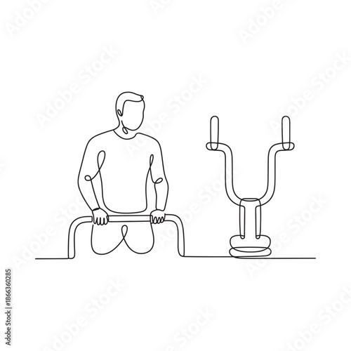 Continuous line drawing of a man exercising on a gym machine